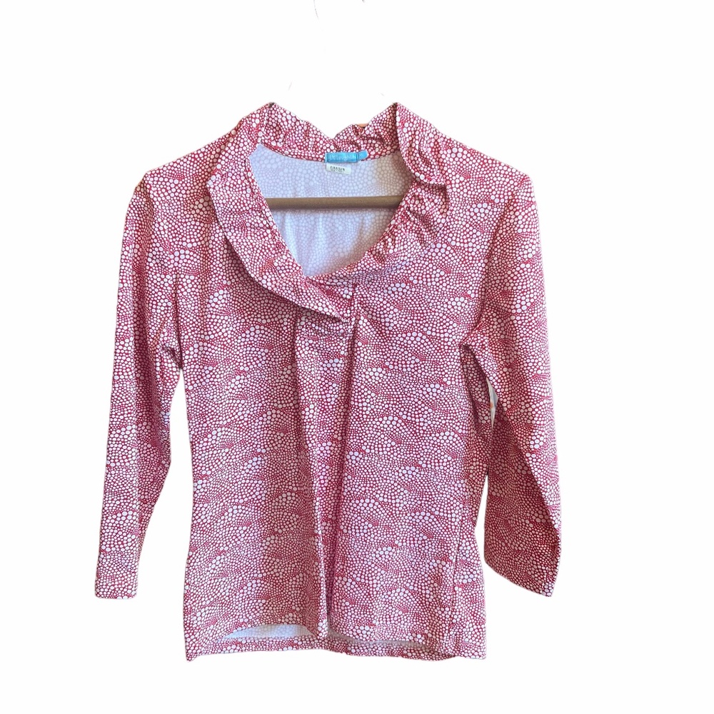 3/4 Length Sleeve Red / white Printed J. McLaughlin Ruffle collar Womens Size xs